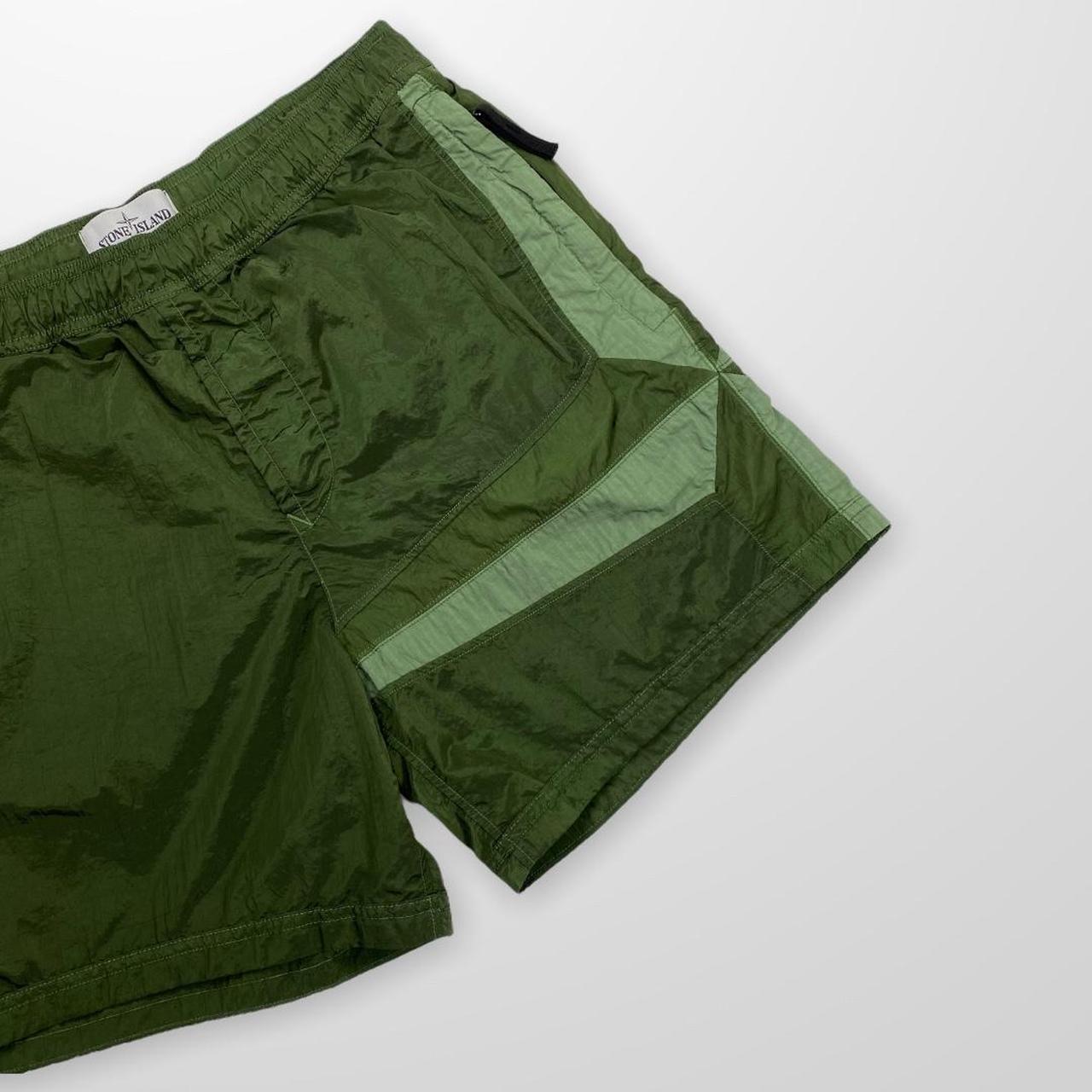 Stone Island Nylon Metal Shimmer Swim Shorts In Khaki Green W/ Large Side Compass Logo