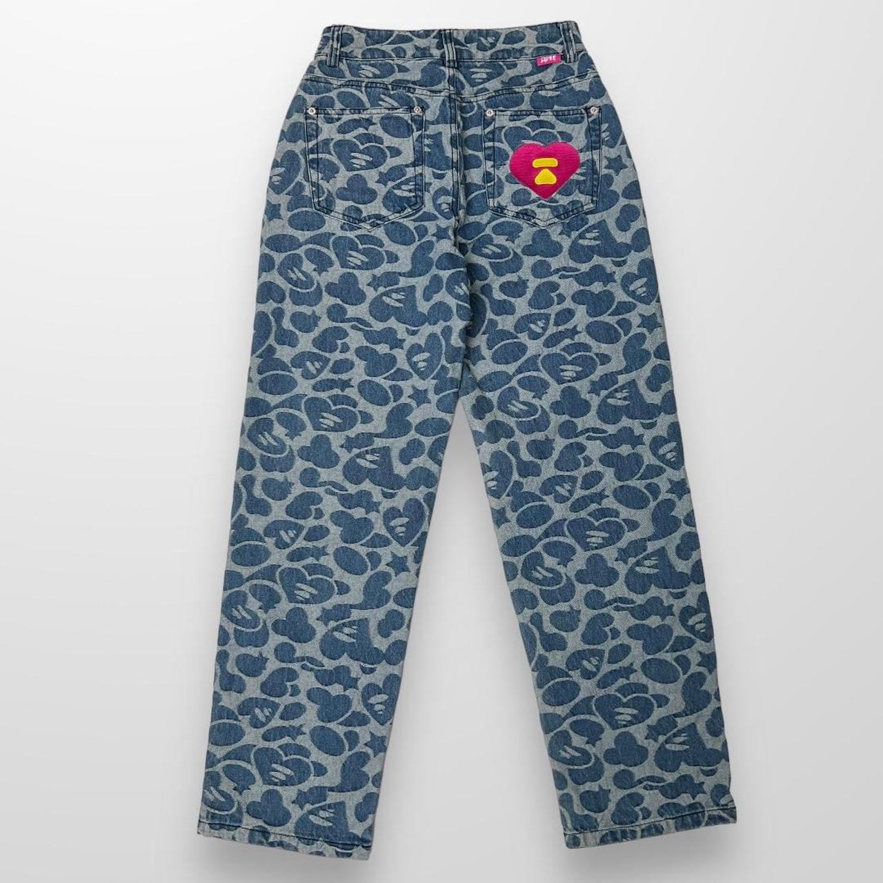 Apee by Bathing Ape Pattern Destroyed Jeans In Navy & Blue W/ Pink Detailing