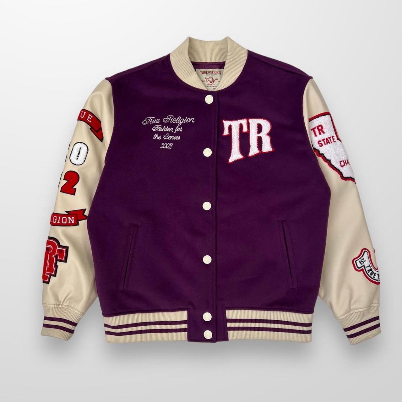 True Religion Varsity Jacket In Purple & Cream