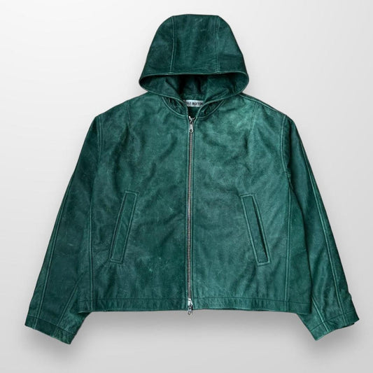 Cole Buxton CB Hooded Leather Jacket In Green