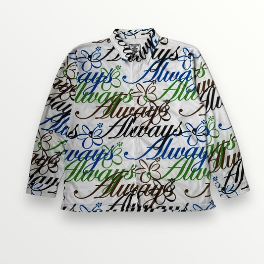 ADWYSD Button Up All Over Script Shirt In White, Blue & Black