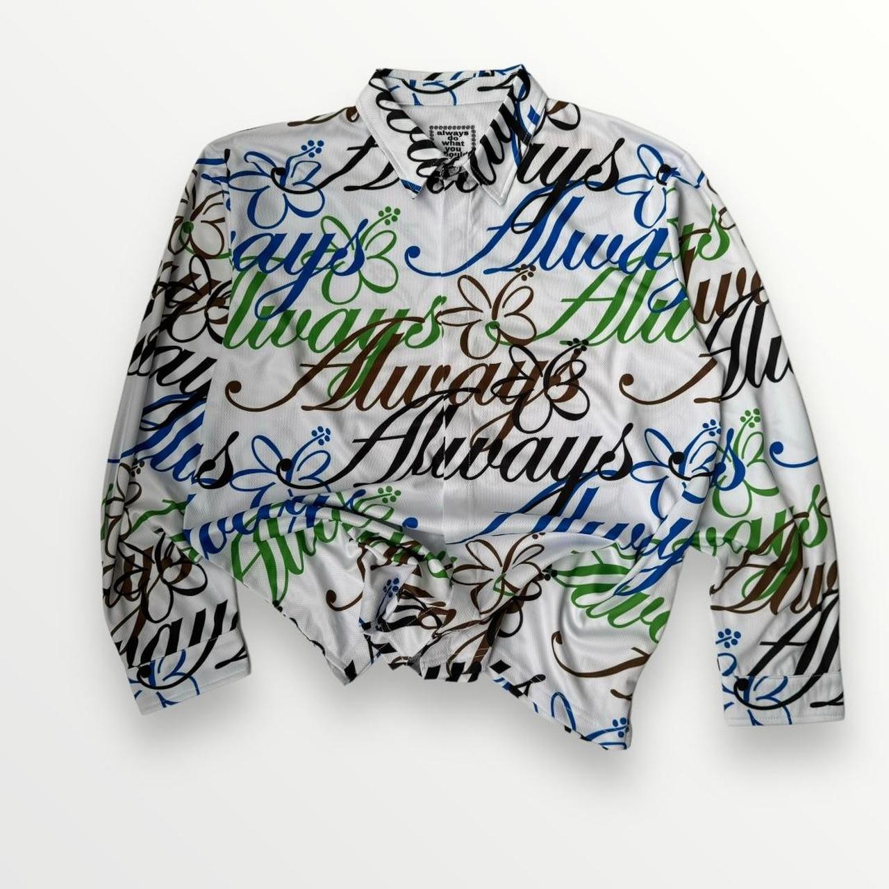 ADWYSD Button Up All Over Script Shirt In White, Blue & Black