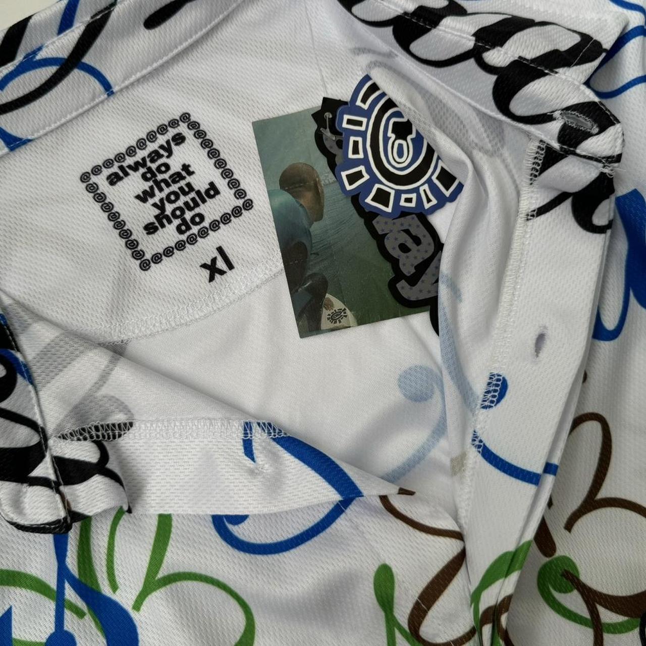 ADWYSD Button Up All Over Script Shirt In White, Blue & Black