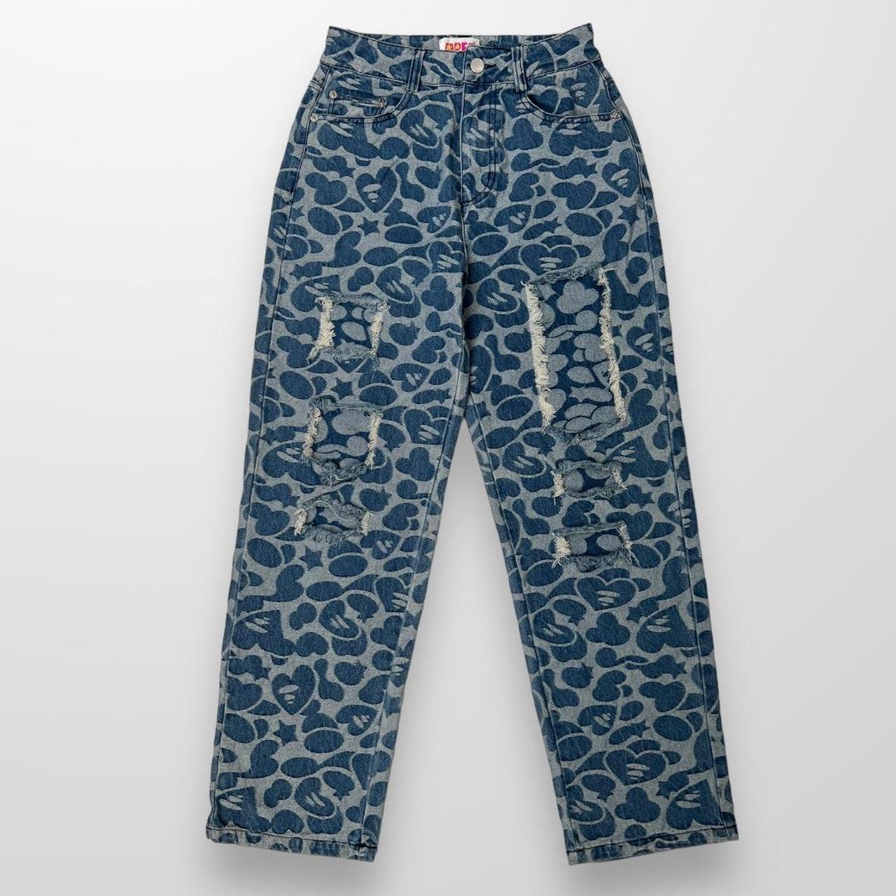 Apee by Bathing Ape Pattern Destroyed Jeans In Navy & Blue W/ Pink Detailing