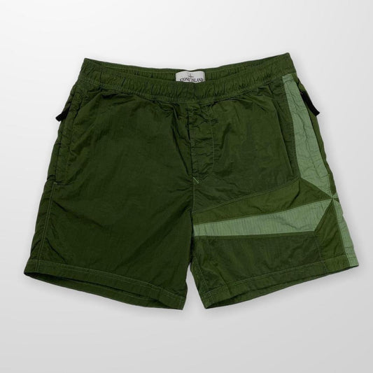 Stone Island Nylon Metal Shimmer Swim Shorts In Khaki Green W/ Large Side Compass Logo