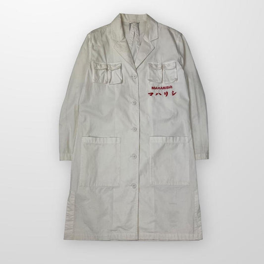 Maharishi Long Lab Coat In White W/ Red Embroidery