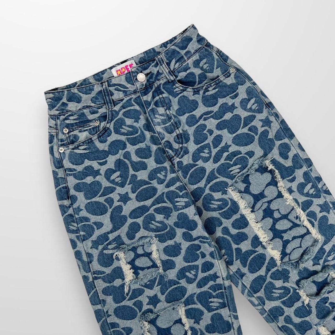 Apee by Bathing Ape Pattern Destroyed Jeans In Navy & Blue W/ Pink Detailing