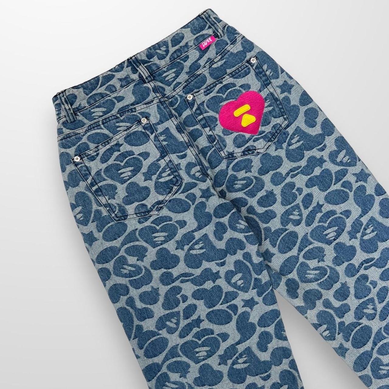 Apee by Bathing Ape Pattern Destroyed Jeans In Navy & Blue W/ Pink Detailing