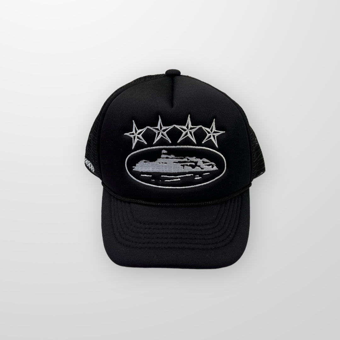 Corteiz Alcatraz Premium Puff Print Trucker Cap In Black & White