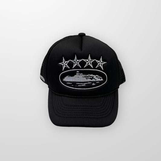 Corteiz Alcatraz Premium Puff Print Trucker Cap In Black & White